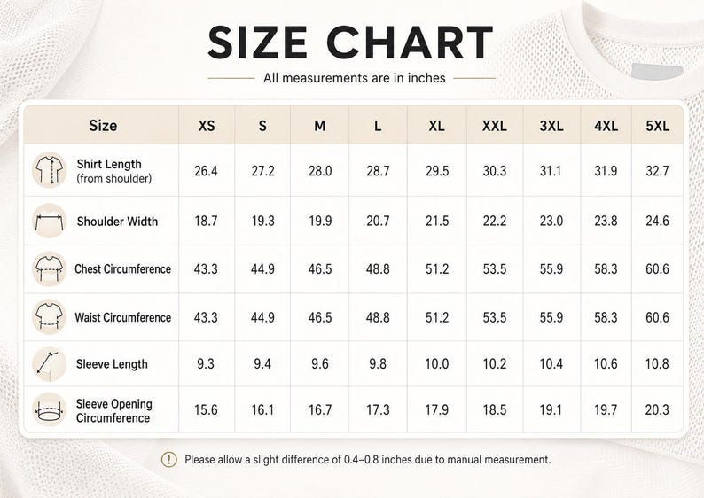 May include: A size chart table for a shirt with columns for sizes XS through 5XL. Rows list measurements in inches for shirt length, shoulder width, chest circumference, waist circumference, sleeve length, and sleeve opening circumference.
