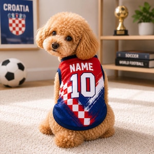 Op de afbeelding: Een kleine, lichtbruine hond met krullend haar draagt een rood, wit en blauw sportshirt. Het shirt heeft een rood-wit geblokt patroon, het woord NAME in witte letters en het nummer 10 in een groot wit lettertype op de achterkant.