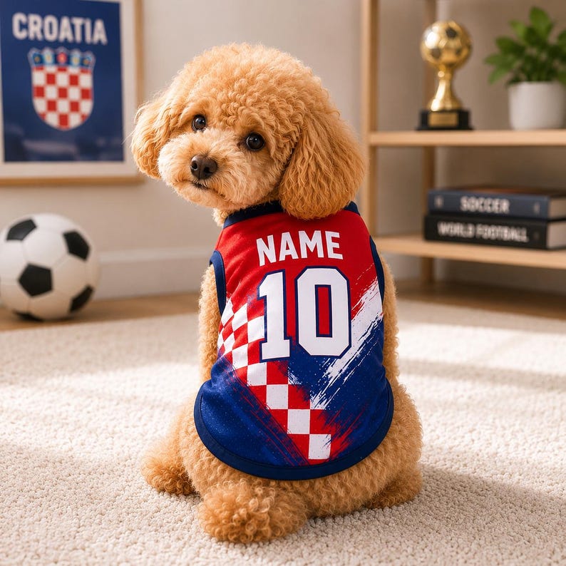 Op de afbeelding: Een kleine, lichtbruine hond met krullend haar draagt een rood, wit en blauw sportshirt. Het shirt heeft een rood-wit geblokt patroon, het woord NAME in witte letters en het nummer 10 in een groot wit lettertype op de achterkant.