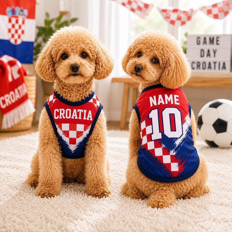 Op de afbeelding: Twee lichtbruine honden met krullend haar dragen bijpassende rood-wit-blauwe sportshirts. Het linker shirt bevat de tekst CROATIA, terwijl het rechter shirt de tekst NAME en het nummer 10 toont met een rood-wit geblokt patroon.