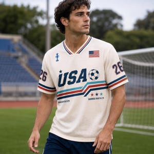 May include: An off-white V-neck mesh jersey featuring the text USA, a football graphic, and the number 26 on the sleeves. It includes a small American flag patch, a trophy icon, and the text AMERICAN SOCCER and SUMMER MATCH 26 with stars.