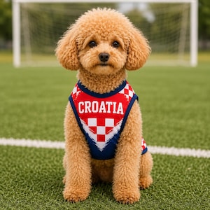 Op de afbeelding: Een kleine, krulharige tan hond draagt een mouwloos shirt voor huisdieren. Het shirt heeft een rood-wit geblokt patroon, een donkerblauwe bies en het woord CROATIA in witte hoofdletters gedrukt op het borstgedeelte van het kledingstuk.