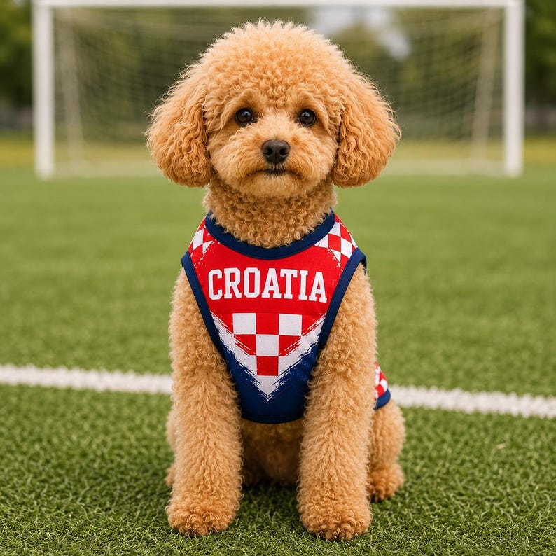 Op de afbeelding: Een kleine, krulharige tan hond draagt een mouwloos shirt voor huisdieren. Het shirt heeft een rood-wit geblokt patroon, een donkerblauwe bies en het woord CROATIA in witte hoofdletters gedrukt op het borstgedeelte van het kledingstuk.