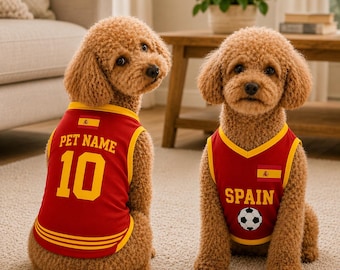 Ropa de fútbol para perros de España, uniforme de fútbol personalizado para mascotas, camiseta para cachorros con la bandera de España, conjunto personalizado para mascotas, regalo para perros de España