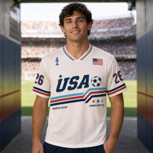 May include: A white V-neck mesh jersey featuring the text USA in large blue letters, a football graphic, and the number 26 on the sleeves. The shirt includes a small American flag, a trophy icon, and the text American Soccer and Summer Match 26.