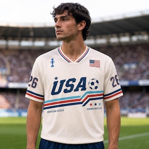 May include: A white mesh V-neck jersey featuring the text USA in blue, a football graphic, and the number 26 on the sleeves. The shirt includes a small trophy icon, a United States flag, and the text AMERICAN SOCCER and SUMMER MATCH 26.