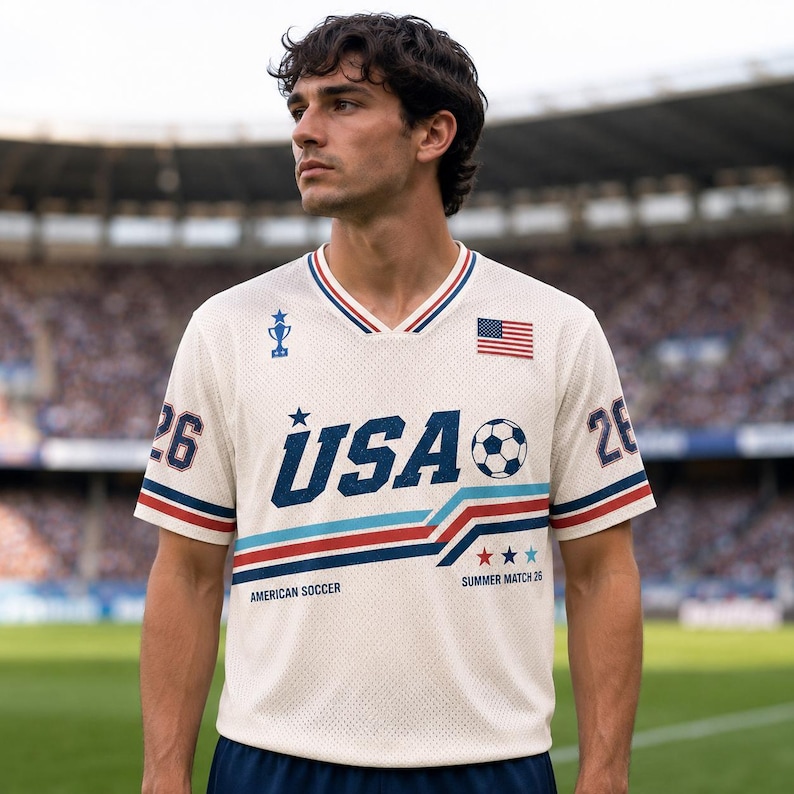 May include: A white mesh V-neck jersey featuring the text USA in blue, a football graphic, and the number 26 on the sleeves. The shirt includes a small trophy icon, a United States flag, and the text AMERICAN SOCCER and SUMMER MATCH 26.