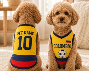 Gepersonaliseerde Colombia voetbalshirt hond, voetbalshirt aangepaste naam nummer, Colombia voetbal outfit voor honden katten, schattige puppy sportkleding