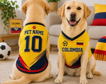 Conjunto de fútbol para perros de Colombia, camiseta personalizada con nombre y número 10 para mascotas, camiseta amarilla de fútbol de Colombia, regalo para aficionados a la ropa de Labrador