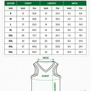 Op de afbeelding: Een maattabel voor een all-over bedrukte mesh huisdierjersey. De tabel bevat Amerikaanse maten S tot 5XL met bijbehorende borst-, lengte- en nekmaten in inches en centimeters. Een diagram toont waar de nek, borst en lengte gemeten moeten worden.