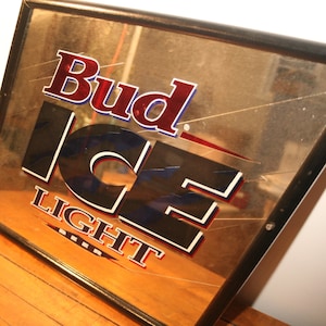 Bud Ice Light Beer, Beer, Bar, Mancave Mirror Sign, Black Wood Frame, Beer Sign, Gift for Him, Valentine&#39;s Gift, Bar, Wall Hanging