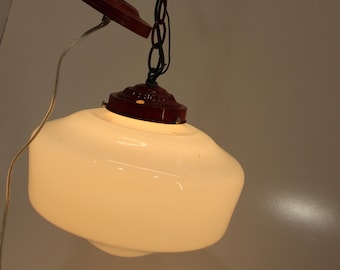 Vintage Schoolhouse, Hanging Lamp, Painted Red, Milk Glass Shade, Electric Fixture, Lighting, Home Decor, Farmhouse