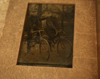 SPRING SALE - Men in hats on bicycle old tintype photo, Haunting Photo, Mysterious, Halloween
