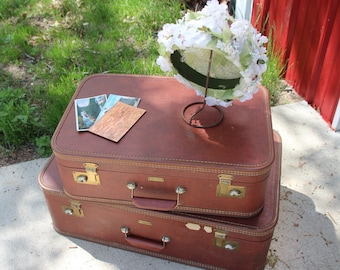 Vintage 1950s, Brown Set of 2, Suitcases, MCM, JC Huggins, Suitcase, Brass, Vintage Suitcase, Card Box, Storage, Home Decor