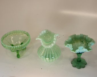 Set of 3 Fenton, Art Glass, Uranium Glass, Opalescent, Ruffled Rim, Table Setting, Holiday Table, Candy Dish, Striped Vase, Vaseline Glass