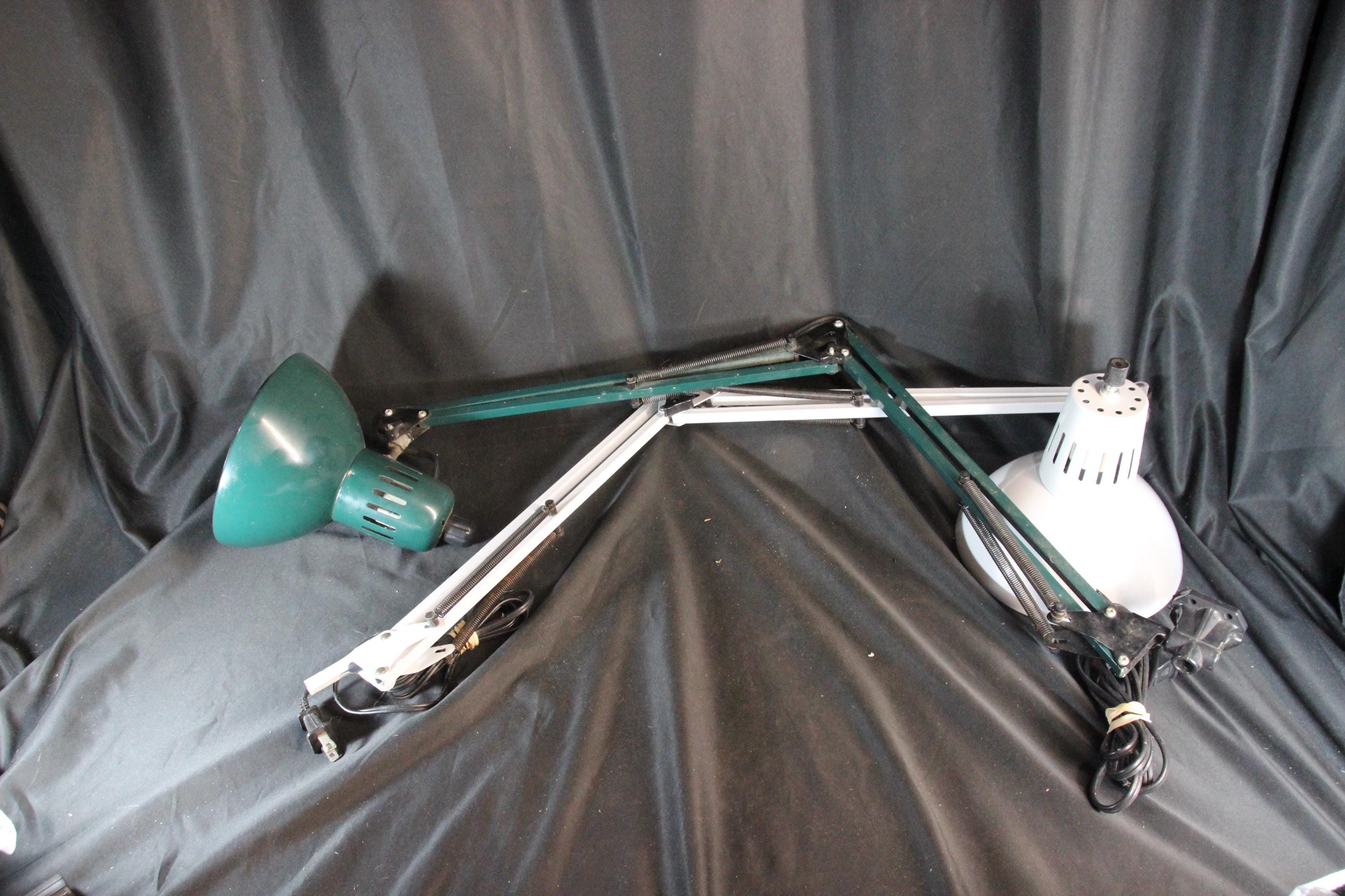 2 Vintage Mounting Lamps, White Lamp, Green Lamp, Expandable Swing Arms, Shop Light, Industrial Decor