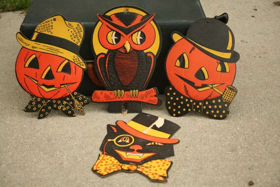 Halloween Sale 1940 S Halloween Decor Cat Pumpkin Owl Etsy