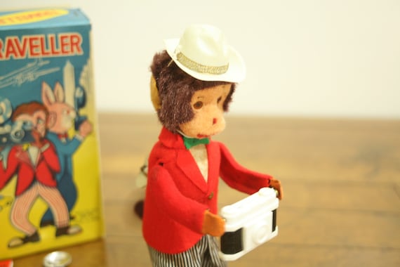 WORKING - Vintage, Wind Up, Monkey, Traveller, Camera, Box