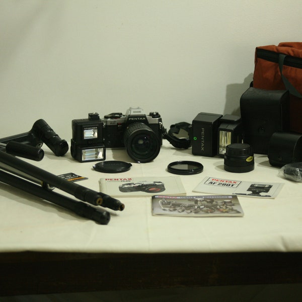 SALE - Vintage Pentax 35mm camera and accessories, flashes, zoom/wide-angle lenses, Vivitar tripod, bag, Wedding Photo Booth Prop