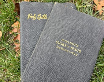 Preto vintage, amostra de vendedor dos anos 1950, Bíblia, Bíblia antiga, amostra de Bíblia Sagrada, Bíblia antiga, livro religioso