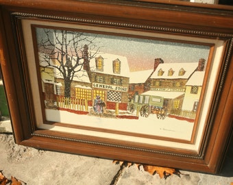 Hargrove signé, garçon avec charrette et pont couvert, peinture Hargrove, scène d’hiver, Sérigraphie,