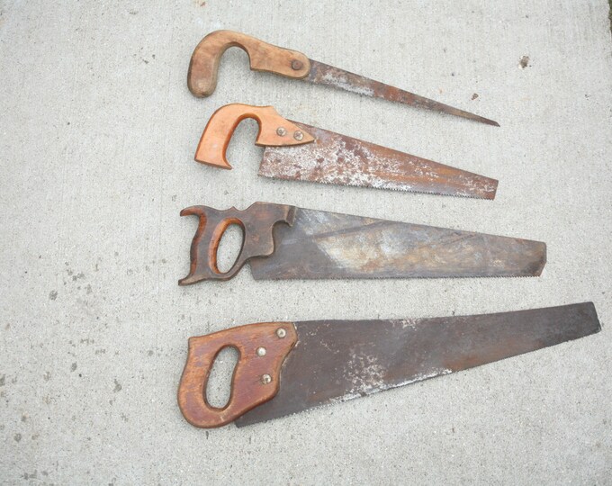 SALE Set of 4, Vintage Hand Saws, Hand Saw, Rusty Blade, Vintage Decor, Rustic Decor
