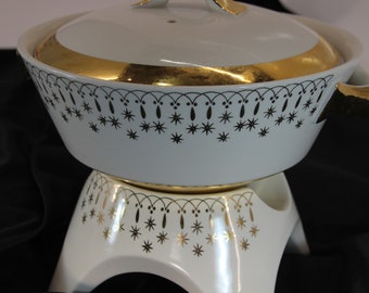 Vintage, Atomic, Chafing Dish, Warming, Hall Flare Ware, MCM, Mid-Century, Spring Decor, Summer, Home Decor, White and Gold, High End, Rare