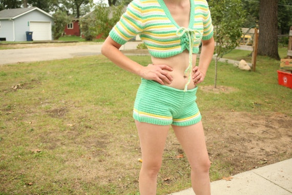 SPRING SALE - Vintage Yellow, Green, Knit Shorts,… - image 1