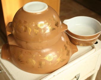 Vintage Brown Pyrex Cinderella Bowls, Gold on Brown Bowls, Two 1 Pint Bowls, Two 1.5 qt Bowls, One 4 qt Bowl, Pyrex Nesting Bowls