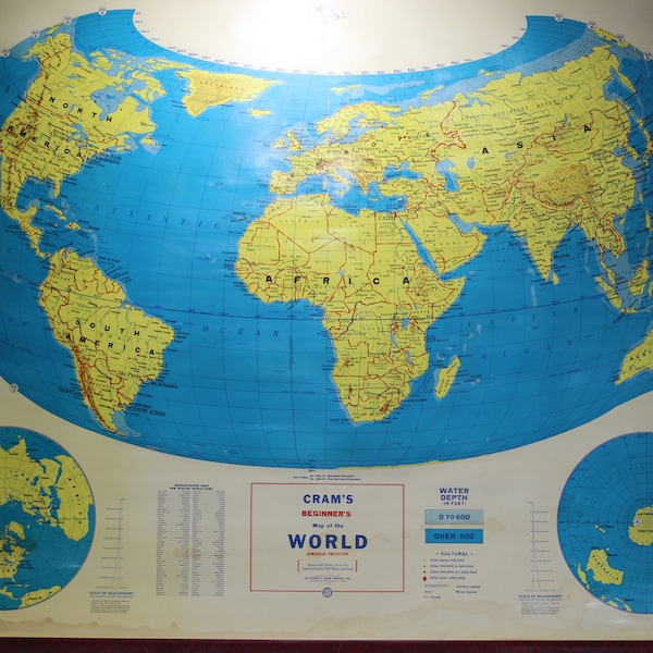 Vintage, 1940's, Cram Pull Down, World Map, United States, School Map, Good Condition, Wall Hanging, School, Set Design, Photography Prop