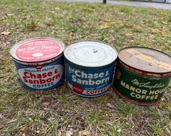 3 mid-century, old coffee, tins, manor House, coffee, Chase and Sanborn, American coffee, Americana