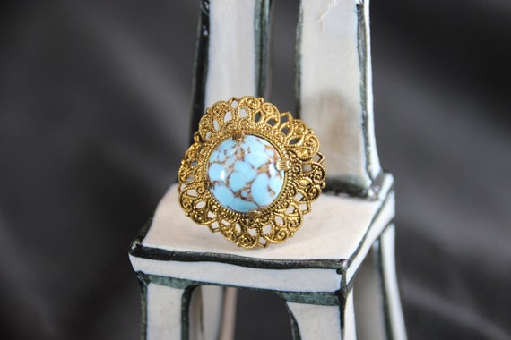 Vintage Marked, German Ring, Blue Glass, Filagree… - image 1