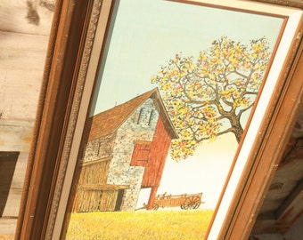 Hargrove signé, Chariot et une grange, Peinture Hargrove, Scène d’automne, Sérigraphie, Bel art, Paysage