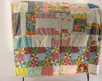 Vintage Patchwork Quilt, Twin Sized, Boho, 1960s, Old Fabric, Cottage Chic, Blanket, Summer, Cottage Bedding, Sofa Blanket