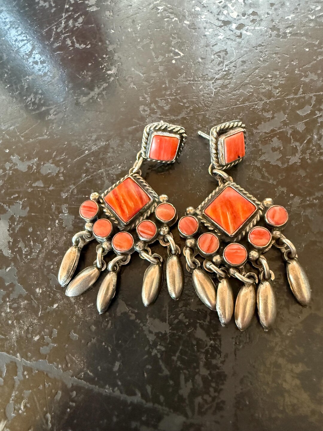 Andy Cadman, Navajo, Sterling, Coral, Dangle Earrings, Pierced