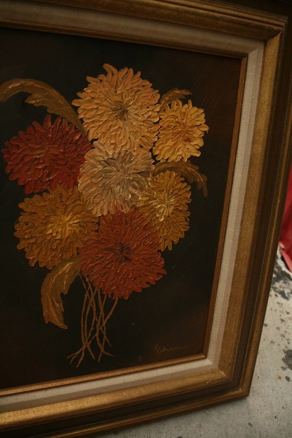 Vintage Oil Painting, Flower Painting, R Kinnaman, Retro Painting, Brown, Orange, Yellow, Home Decor