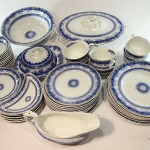 Set of 57, Antique Flow Blue, English, England, chaplet, Hanley, J &G Meakin, Rare Flow Blue, Bowls, Dessert Plate, Salad Plate