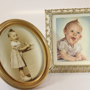 Set of 2 Vintage Filagree Picture, Wood Oval Frame, Metal Frame, Gold Frame, Vintage Frame, 1940s, 1950s, Baby Pictures, Nursery