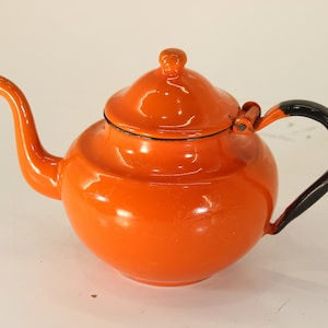 Vintage Orange and Black, Mini Teapot, Kettle, Vintage Enamelware, Vintage Kettle, Enamelware, Bright Colors, Watering Can, Tea