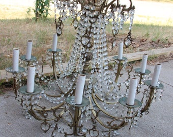 Large Vintage Brass and Crystal Chandelier, Made in Spain, 15 arm Chandelier, Wedding Decor