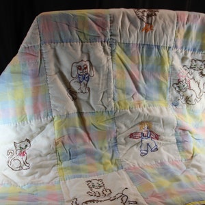 Quilt, Patchwork Quilt, Handmade Quilt, 1950s fabrics, Cottage, Lap Blanket, Bright Colors, Embroidered, Baby Blanket