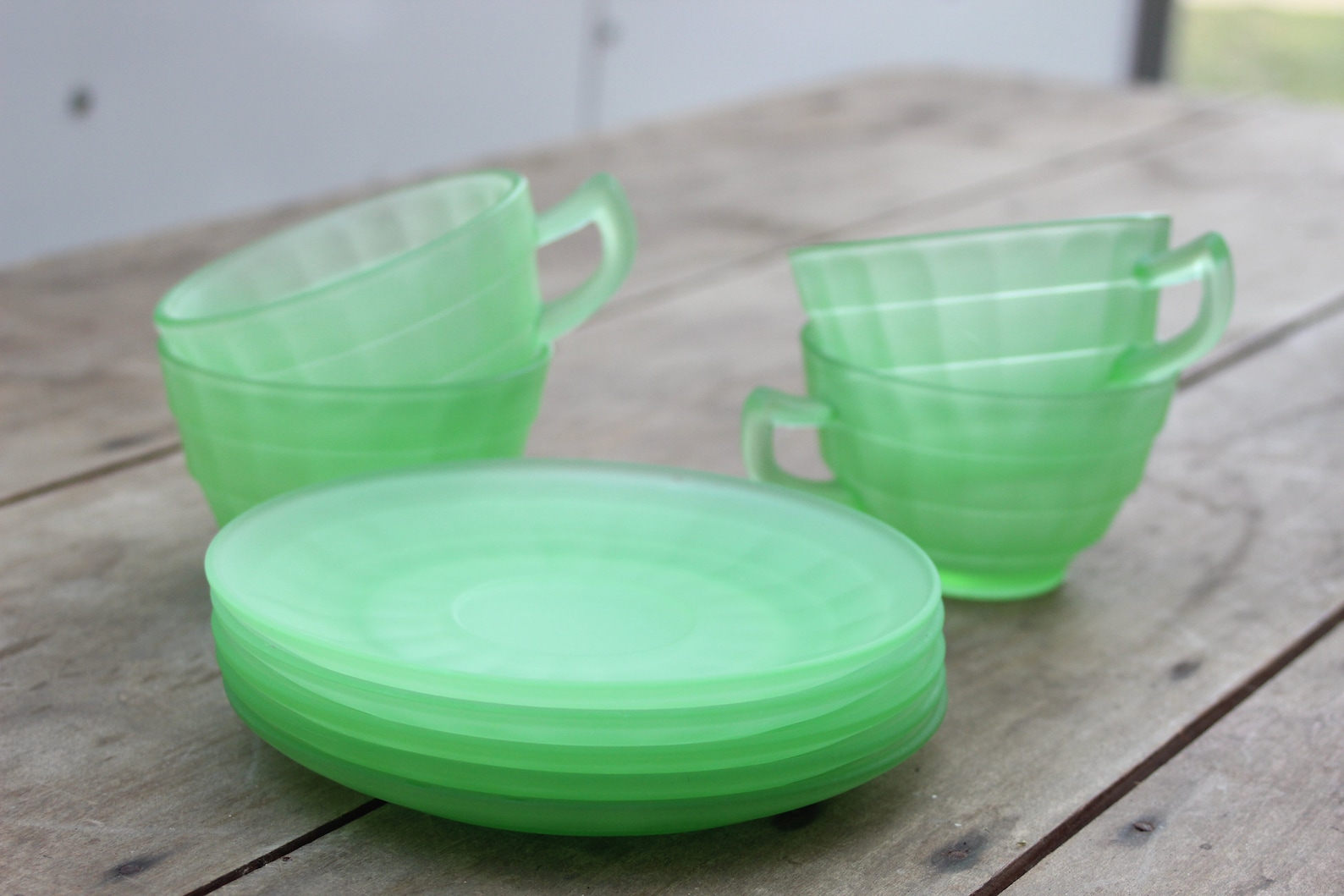 Set of 8 Green Uranium Glass Mug Tea Cup Satin Glass Etsy