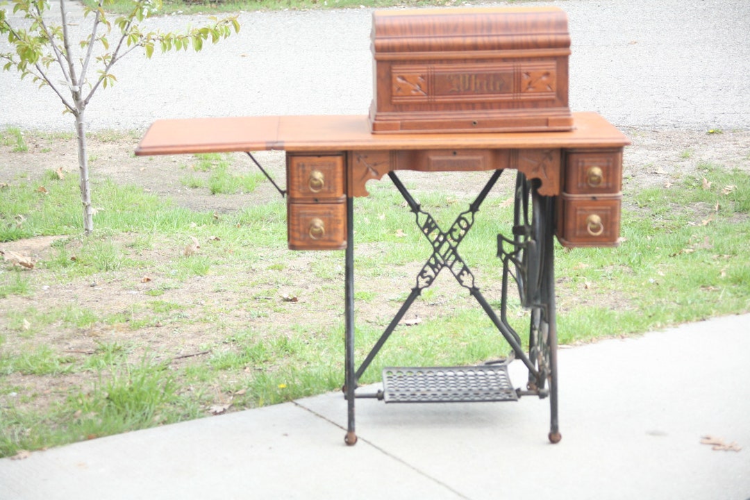 Antique, White Treadle, Sewing Machine, Coffin Sewing Machine, Oak