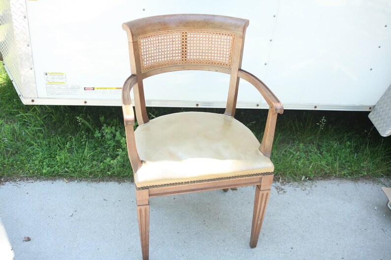 Mid Century Baker Furniture Armed Cane Chair Leather Seat 1960 S High End Furniture Medium Wood Office Chair Hall Chair Dinning