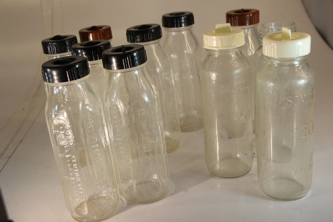 Set of 11, Vintage Glass Baby Bottles, Pyrex, 1950s, Baby, Baby's Room