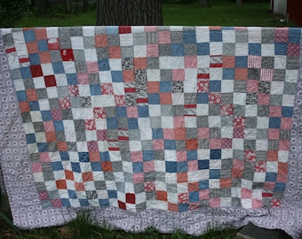 Vintage Patch Work Quilt, 1930s Fabric, Cottage Chic, Full Bedding, Summer Cottage, Feed Sacks, Red, White, Blue, Black