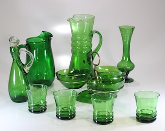 Set di 9 Anchor Hocking, Paden City Glass, Drink Set, Brocca e Bicchieri, Vetro Smeraldo, Vaso, Olio Kraft, Vassoio di immersione,