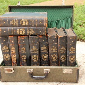 Op de afbeelding: Een open, groene vintage koffer gevuld met antieke boeken. De boeken zijn donkerbruin met gouden letters en een cirkelvormig embleem. De koffer heeft een groene binnenkant en zilveren sluitingen, wat duidt op een verzameling historische literatuur.
