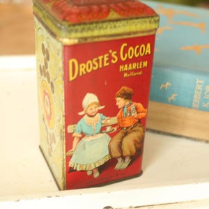 Vintage Tin, Home Decor, Old Tins, Antique Droste Cocoa Dutch Tin Box w/ Hinged Lid, Storage Container, Retro, Kitchen Decor, Tea