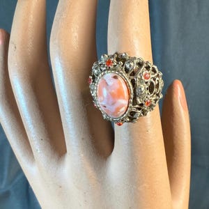 Vintage Czech Ring, Peking Glass, Red Czech Glass, Filagree Ring, 1930s, 1940s, Antique Ring, Adjustable Ring